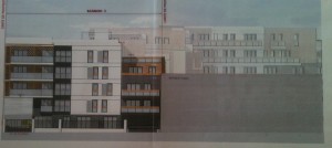 Le rectangle gris représente l'immeuble de la résidence Watteau au 21 rue des Clamarts. Derrière, on voit le bâtiment du projet donnant sur la rue Thiers en R+4 qui surplombe la résidence Watteau.